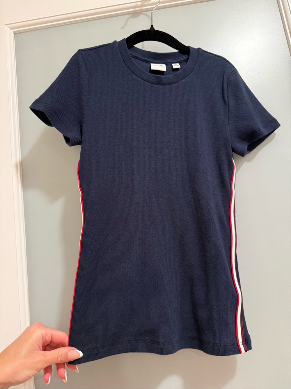 Aritzia Limited Edition Navy Short Sleeve Tee with Red & White Side Stripes